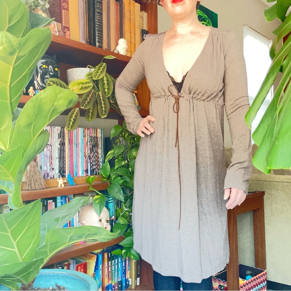 James Perse Taupe Long Sleeve Dress with Deep V-neck
